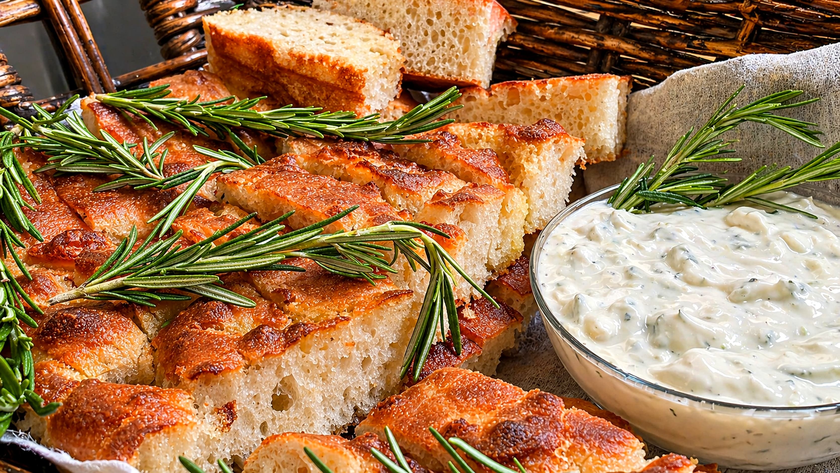 Rosemary focaccia and dip at Food Corner